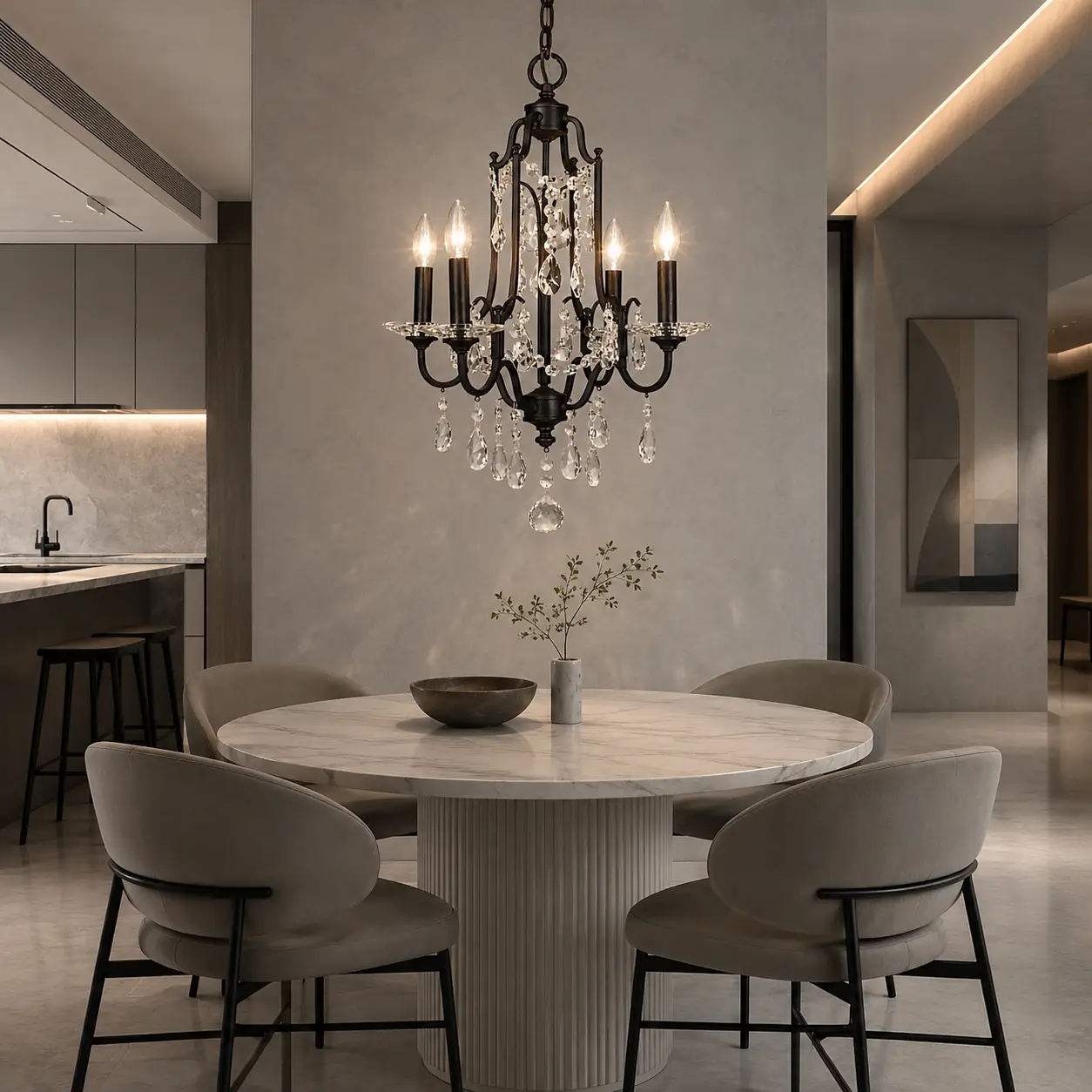 3D Render Suggestion: A sleek Modern Minimalist luxury open-concept apartment or high-end dining nook featuring smooth matte light grey concrete finish walls, light marble tables, and minimal geometric furniture. The Lucente 4-Light Crystal Chandelier hangs precisely over the center of the table. The render illustrates how the high-refraction K9 crystal facets and clear acrylic bobeches introduce a brilliant light play that breaks up strict minimalism without cluttering the compact space.