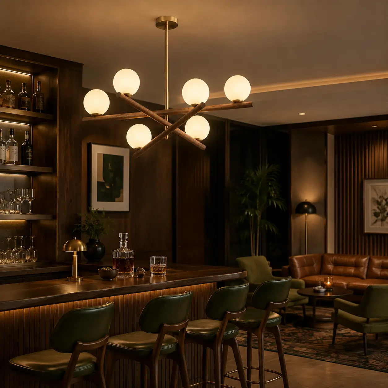 Lunaro Brass Wood Chandelier in Mid-Century Modern Lounge