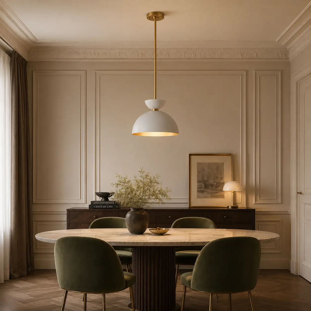 3D Architectural Render of Lunavia 3-Light Satin Brass Multi-Light Chandelier over an elegant dining table inside a French Light Luxury dining room with chevron wood floors and white moldings