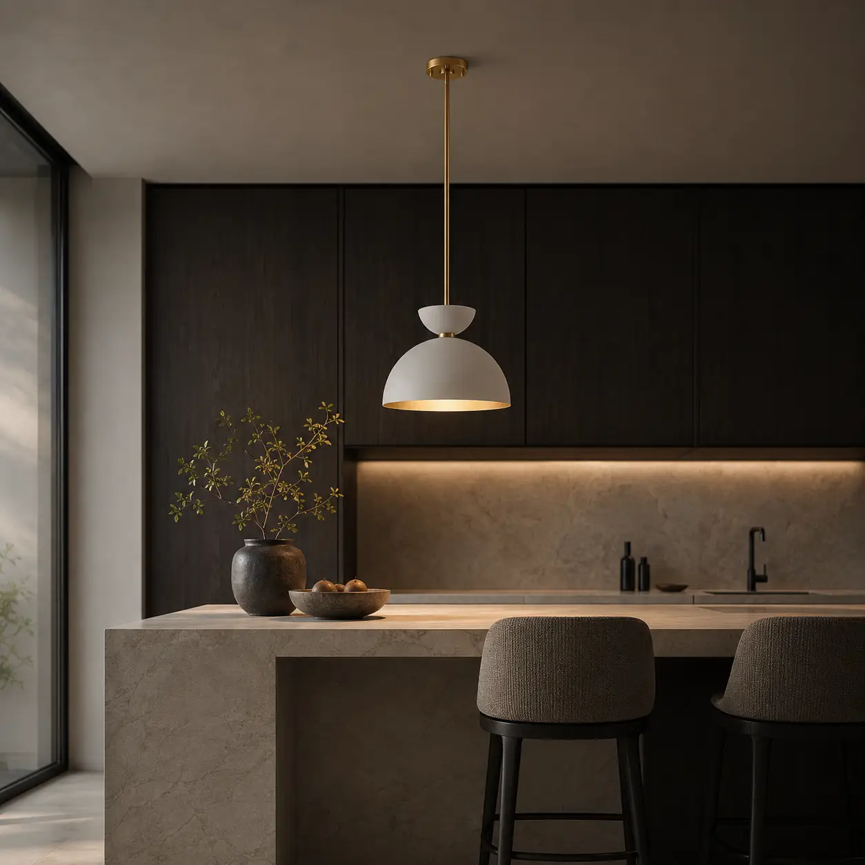 3D Space Concept of Lunavia 3-Light Dual-Hemisphere Satin Brass Pendant illuminating a monolithic marble kitchen island in a high-end Modern Luxury open-plan residence