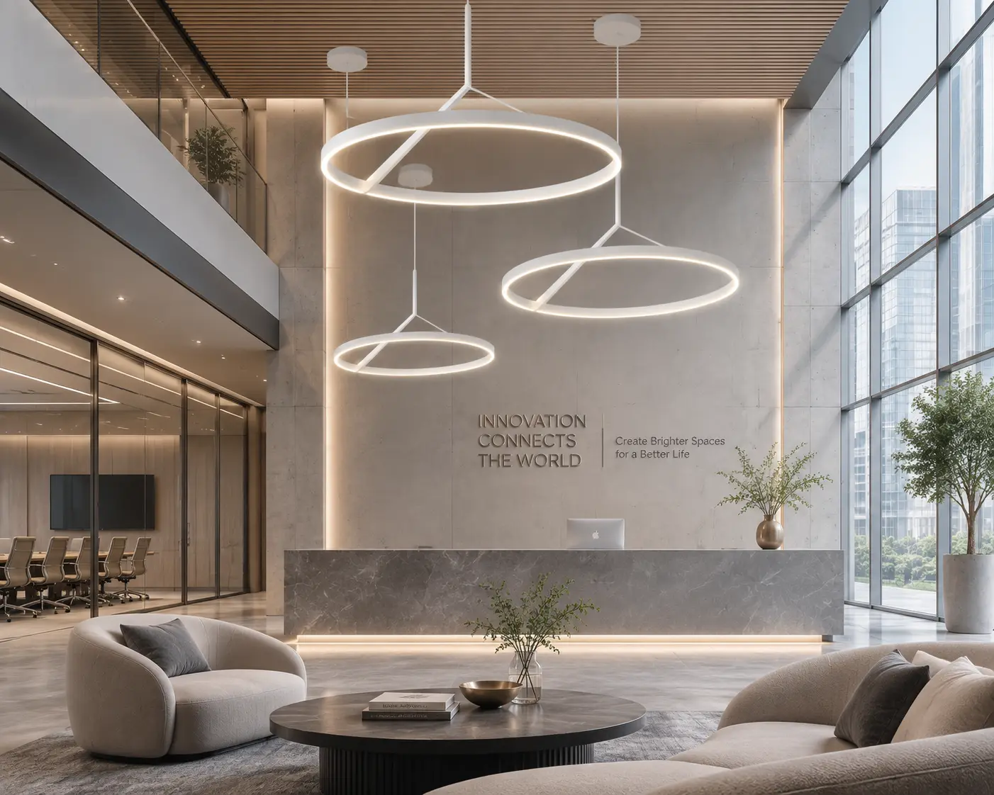 Lunexa LED Ring Light in Commercial Office Reception and Boardroom