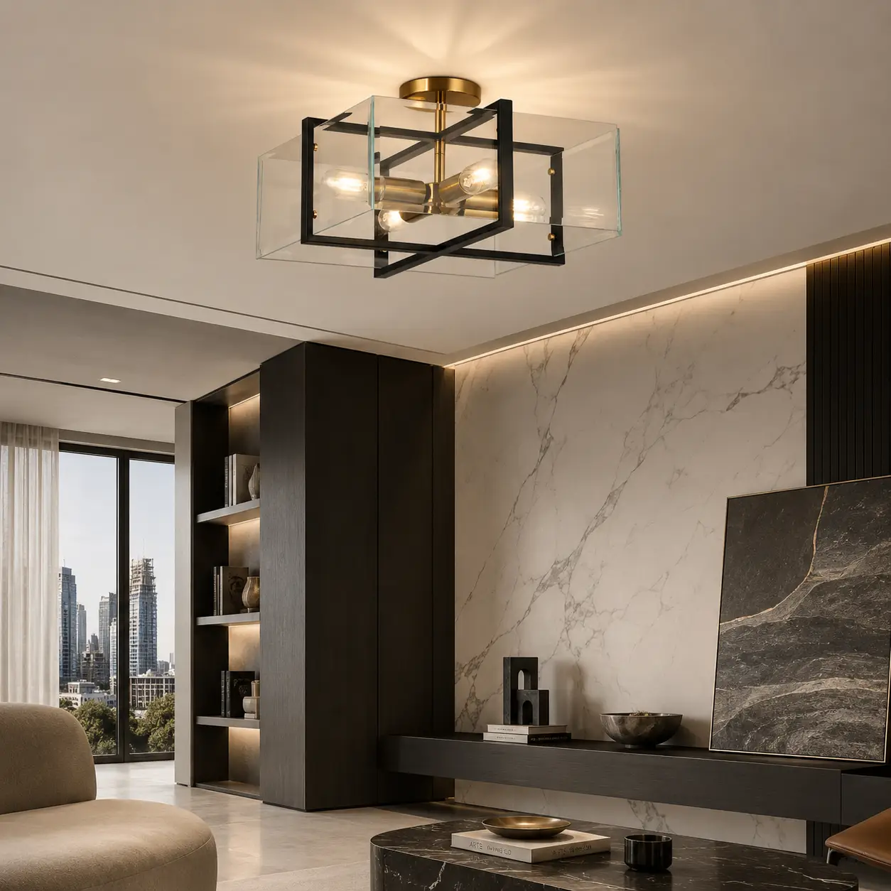 3D Render of Modern 4-Light Square Clear Glass Semi-Flush Mount Ceiling Light Fixture in a High-End Modern Luxury Living Room with Italian Marble Accents and Minimalist Charcoal Decor
