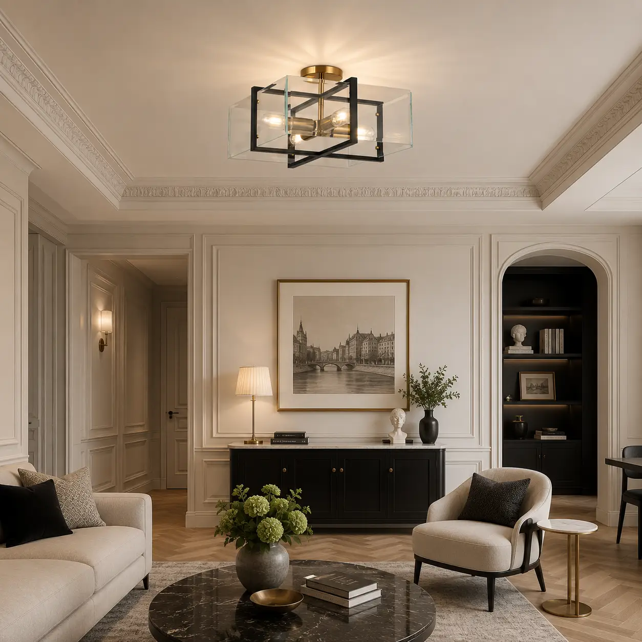 3D Space Concept of Geometric Square Clear Glass Flush Mount Chandelier integrated into a Transitional French Chic and Neoclassical Dining Space featuring Elegant Wall Wainscoting and Light Oak Flooring