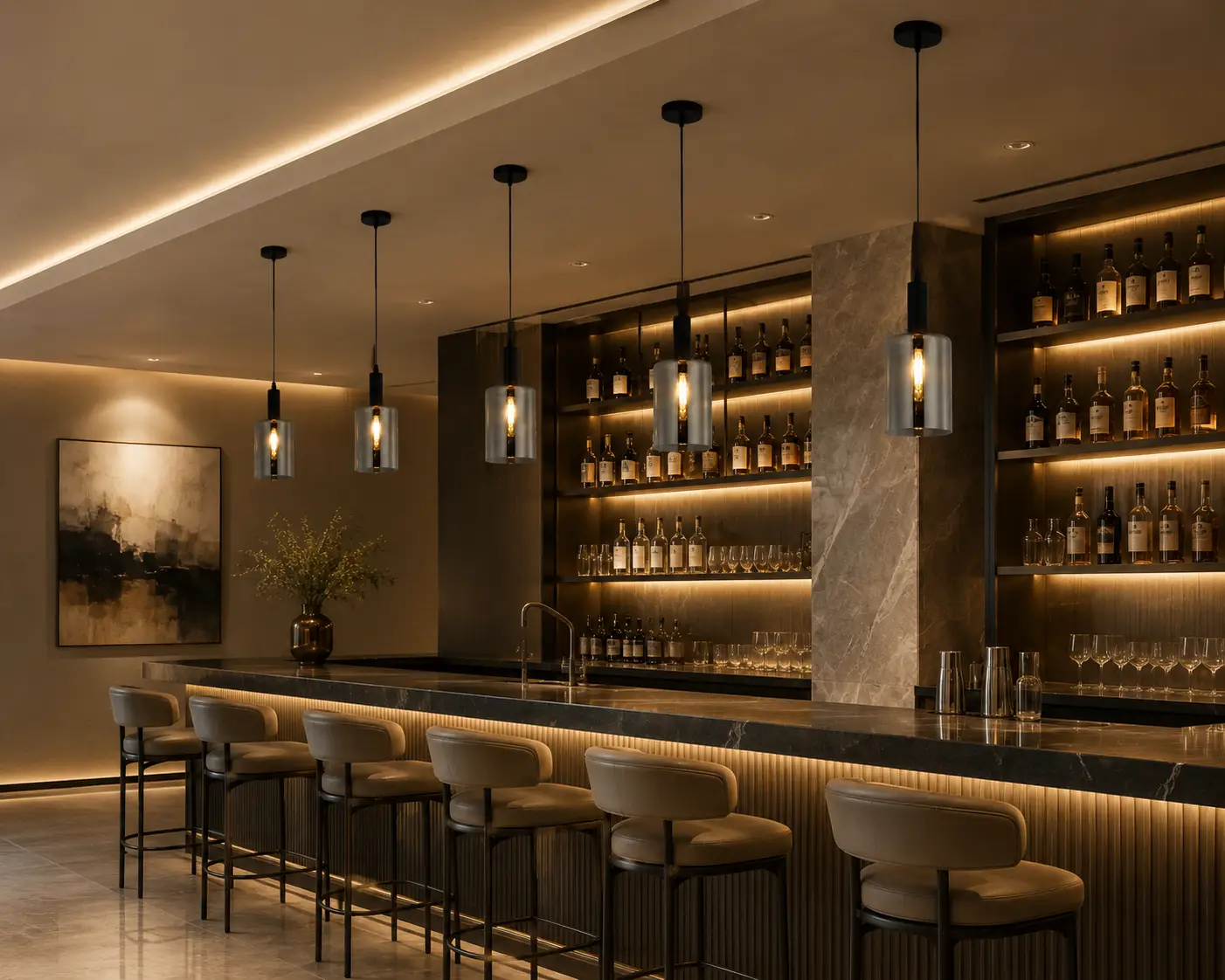 3D Space Concept showing a cluster of Noctara 1-Light Black Smoked Glass Pendants suspended over a minimalist quartz island counter in a high-end luxury hospitality lounge with matte black surfaces