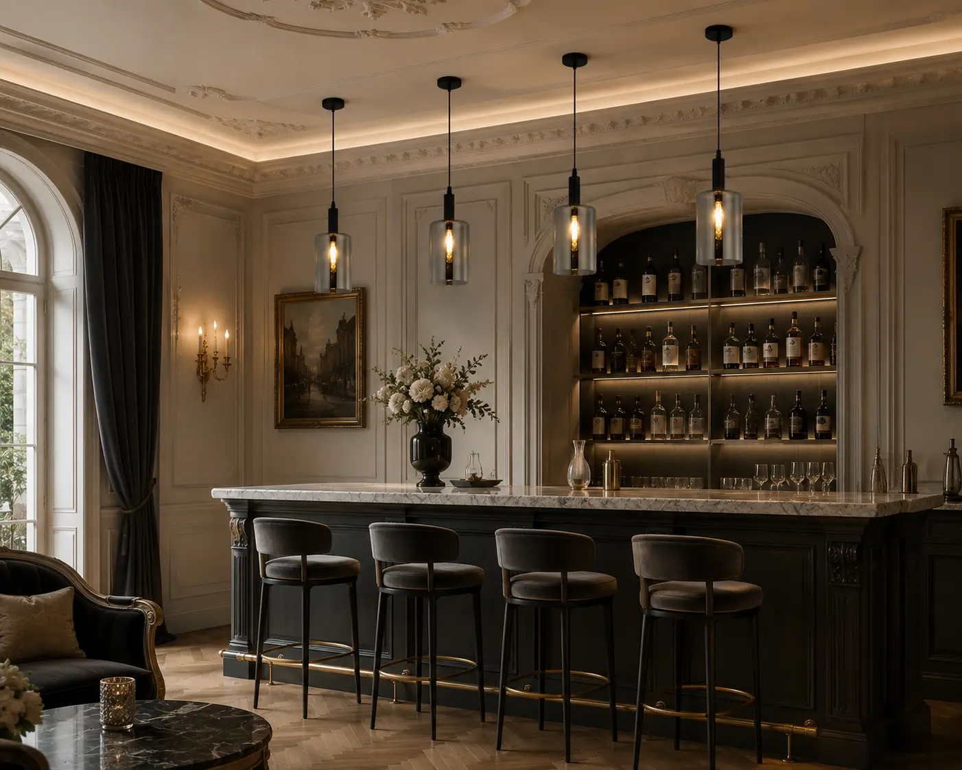 3D Architectural Visualization of the Noctara Smoked Glass Hanging Light styled inside a French light luxury dining room featuring classic wall moldings, soft velvet drapery, and warm amber illumination