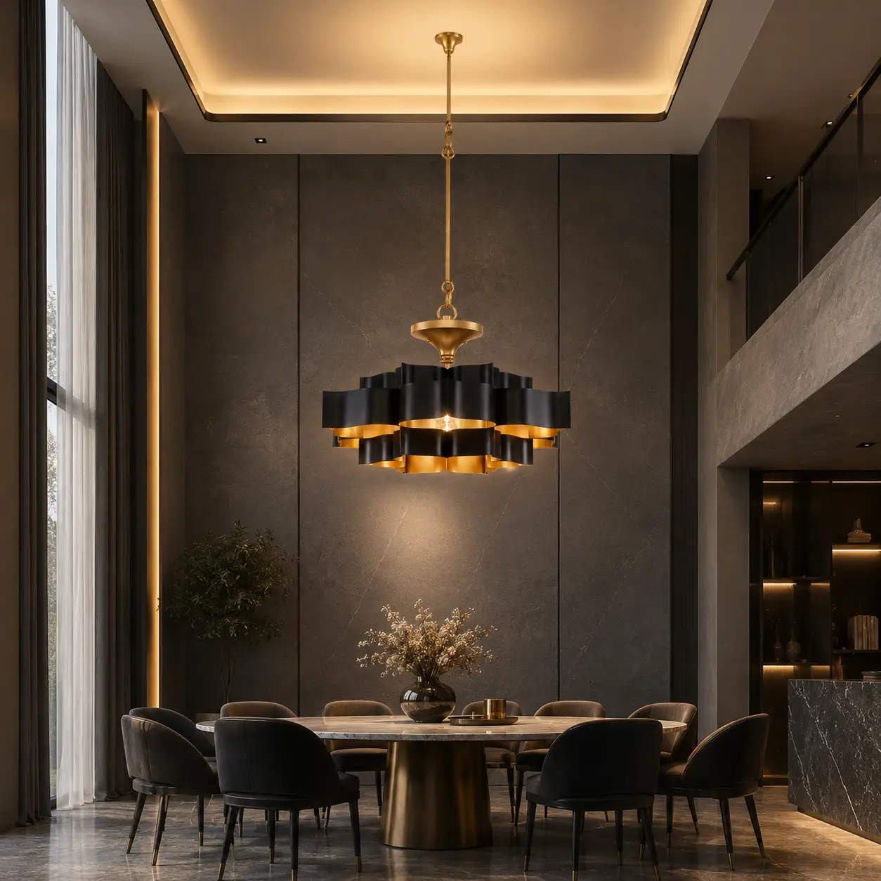 3D Space Concept showcasing the Noctavia Lotus 3-Tier Pendant Light in Custom Satin Gold and Matte Black dual-finish hanging in a double-height Modern Luxury Living Lounge with minimalist grey stone cladding