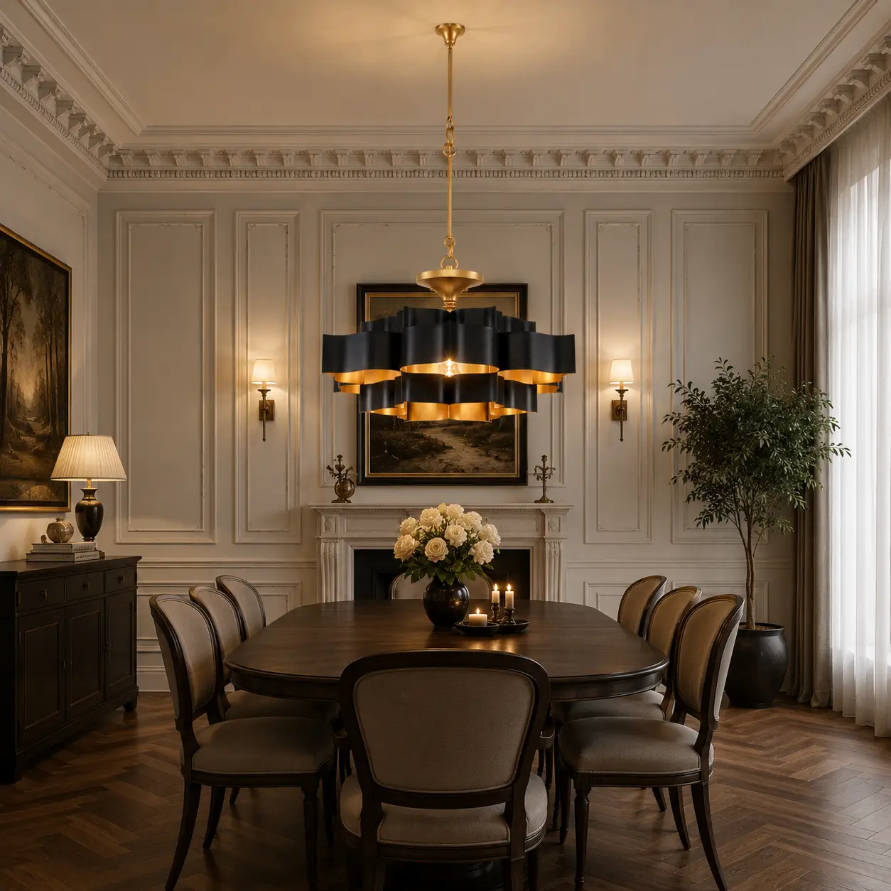 3D Architectural Visualization of Noctavia 3-Tier Lotus Pendant suspended over a long dark wood dining table in a transitional French Light Luxury room with white wall panel moldings