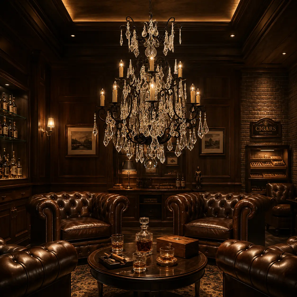 3D Render Suggestion: A moody, upscale private cigar lounge with deep walnut wood paneling, dark exposed brick accents, and rich tufted chesterfield leather chairs. Hanging centered above the lounge is The Noir Brilliance Chandelier. The 3D render captures the warm light glowing through the clear acrylic column trims and striking black candle holders, providing deep contrast against the dark wood background and emphasizing a sense of exclusive luxury.