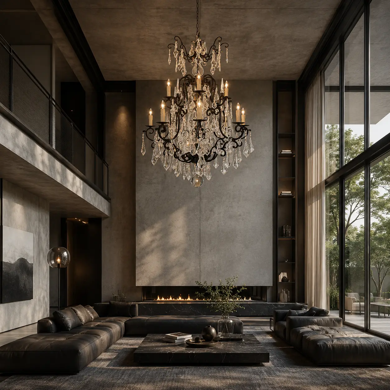 3D Render Suggestion: A dramatic modern luxury villa living room with double-height concrete ceilings, large floor-to-ceiling glass facades, micro-cement walls, and minimalist low-slung charcoal leather sofas. Suspended as the centerpiece is The Noir Brilliance Chandelier. The 3D render masterfully illustrates how the sharp matte black iron framework integrates with the architectural steel beams, while the dense K9 crystals catch the natural light, projecting a shimmering, luxurious glow across the minimalist, raw textures of the space.