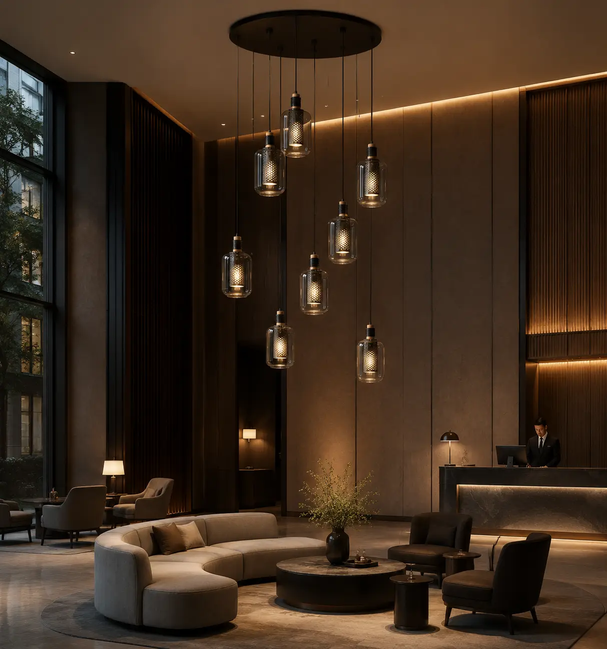 Custom Staggered Cluster of Nova Cylinder Pendants in Hotel Bar Lounge
