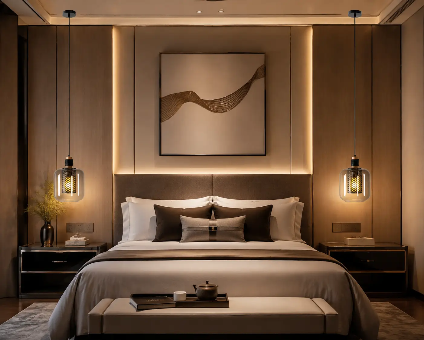 Nova Cylinder Pendant Light Hung Bedside Flanking in Luxury Hotel Suite