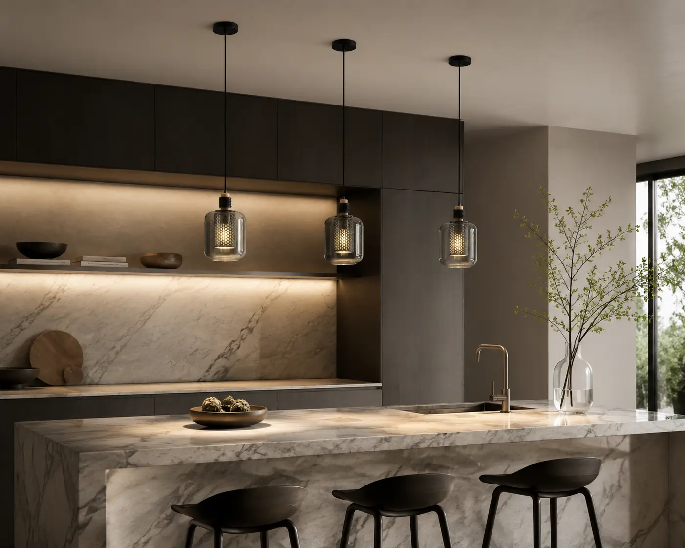 Nova Cylinder Smoked Glass Pendant Light Hung in Linear Cluster over Modern Kitchen Island