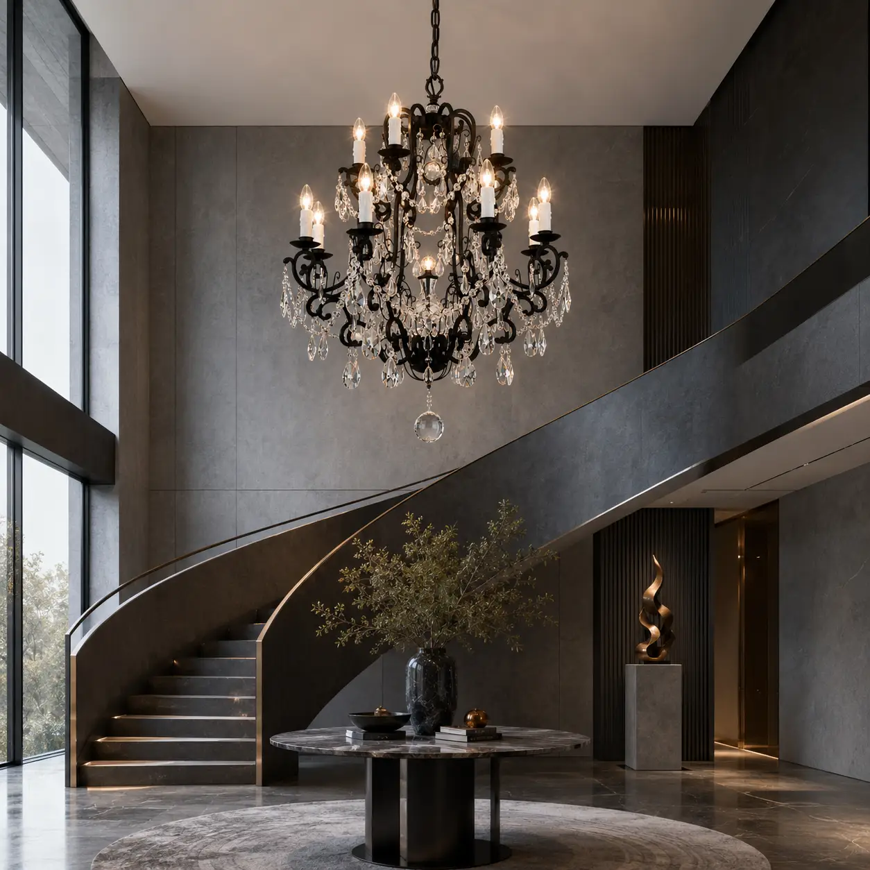 3D Architectural Render of the Opulent Grandeur 12-Light Chandelier hung inside a minimalist double-height living room with matte charcoal walls and floor-to-ceiling windows
