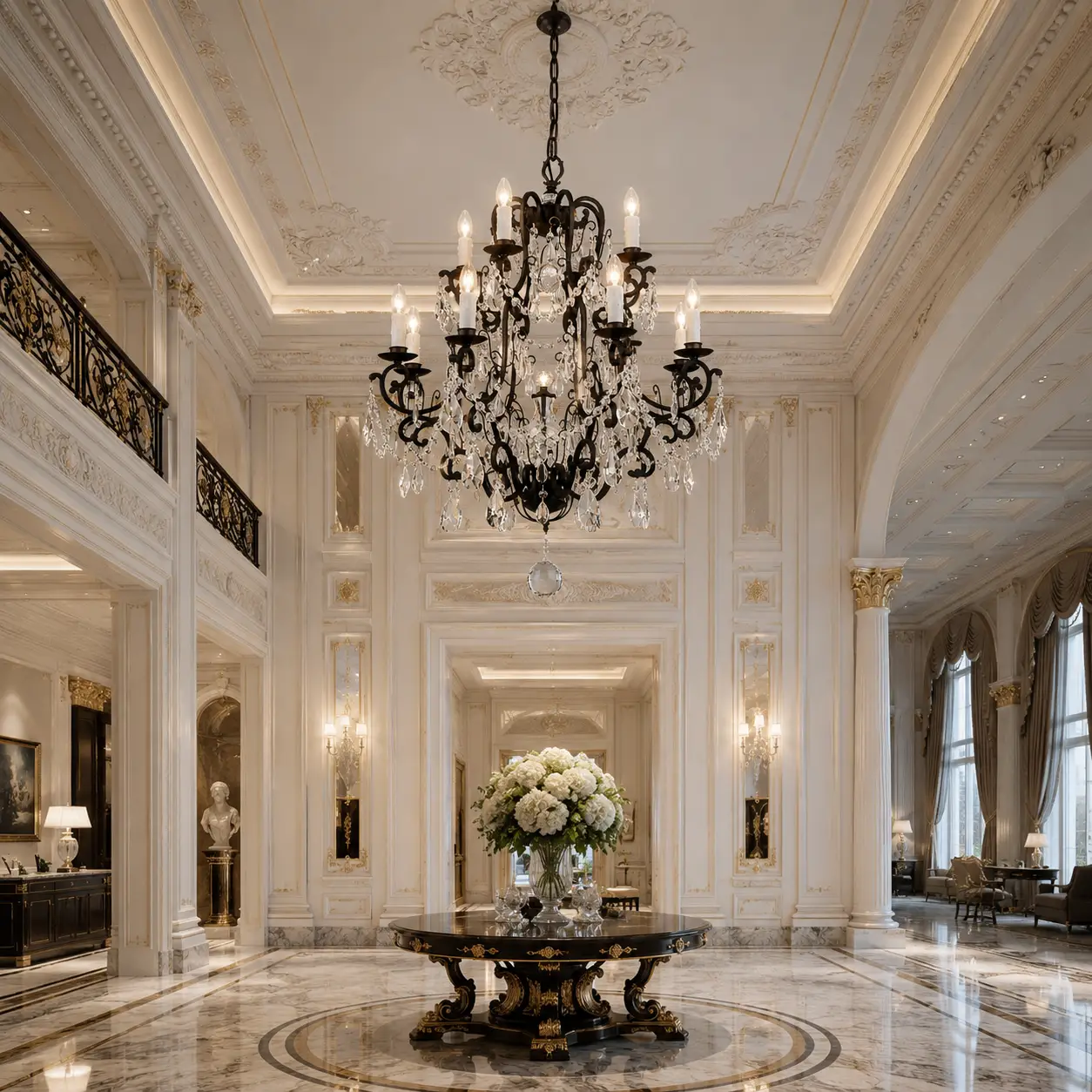 3D Space Concept showcasing the Opulent Grandeur 12-Light Crystal Chandelier hanging in an elite neoclassical grand ballroom foyer with intricate white boiserie paneling and a large marble floor layout