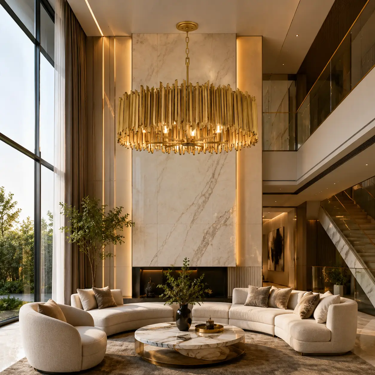 Opus-8‑Light-Drum-Pendant-with-Burnished-Gold-Pan-Flute-Finish-modern-double-height-living Opus-8‑Light-Drum-Pendant-with-Burnished-Gold-Pan-Flute-Finish-modern-double-height-living