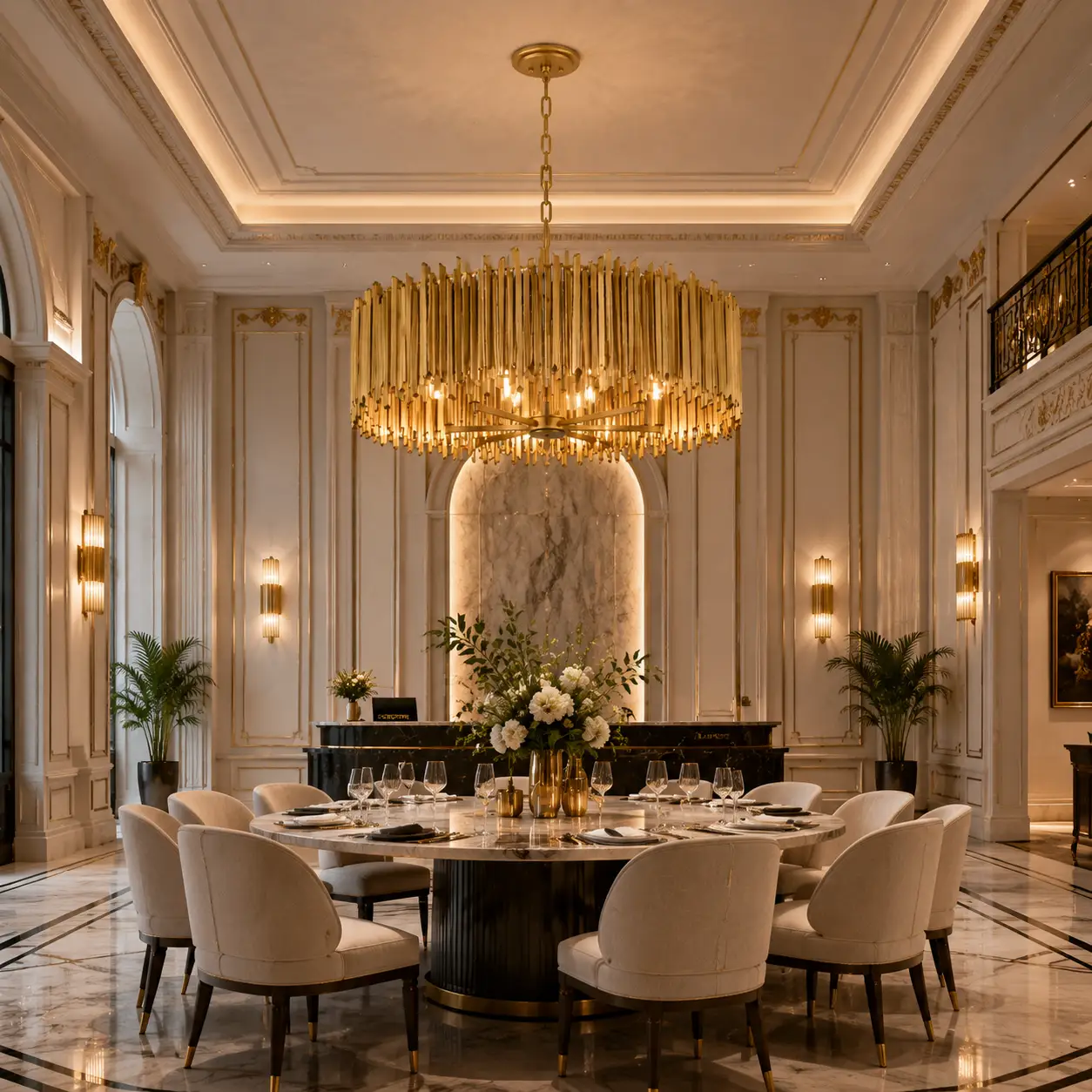 Opus Burnished Gold Chandelier in Neoclassical Dining Hall