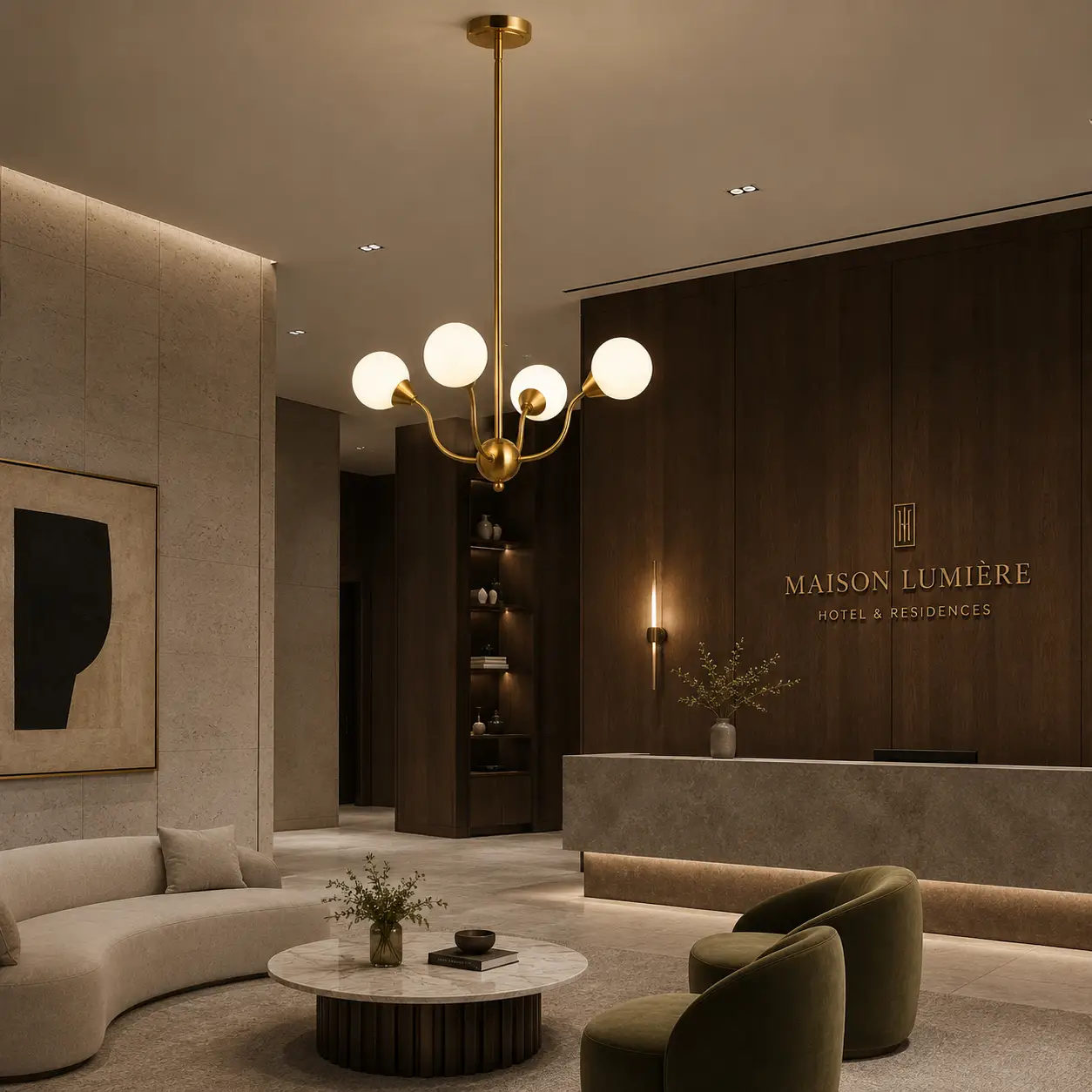 OrbisGlow 4-Light Globe Pendant in Modern Luxury Hospitality Lounge
