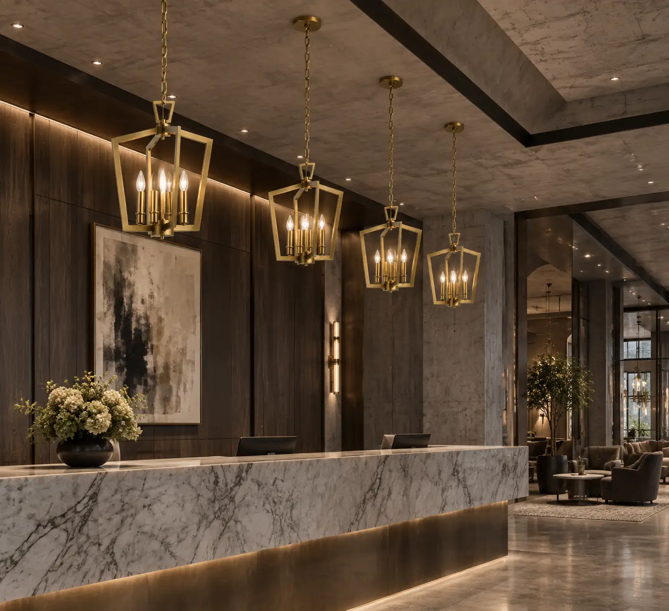 Pentavia-4-Light-Geometric-Pendant-with-Satin-Brass-Finish-modern-industrial-hotel-reception Pentavia-4-Light-Geometric-Pendant-with-Satin-Brass-Finish-modern-industrial-hotel-reception