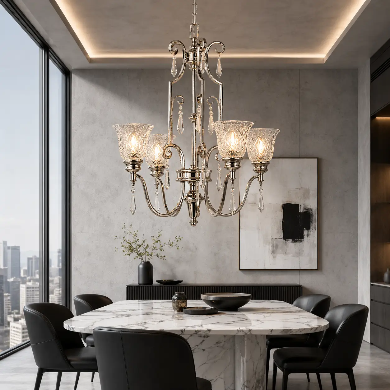 3D Render Suggestion: An ultra-sleek, modern luxury penthouse dining room featuring minimalist concrete plaster walls, a large white Calacatta marble dining table, and matte black leather chairs. Suspended centrally is the 5-Light Polished Nickel Chandelier. The 3D render highlights how the warm polished nickel finish acts as a sophisticated, bright accent against the cool concrete background, while the clear glass shades and K9 crystals catch the natural light from floor-to-ceiling windows, bringing soft warmth into the minimalist architecture.