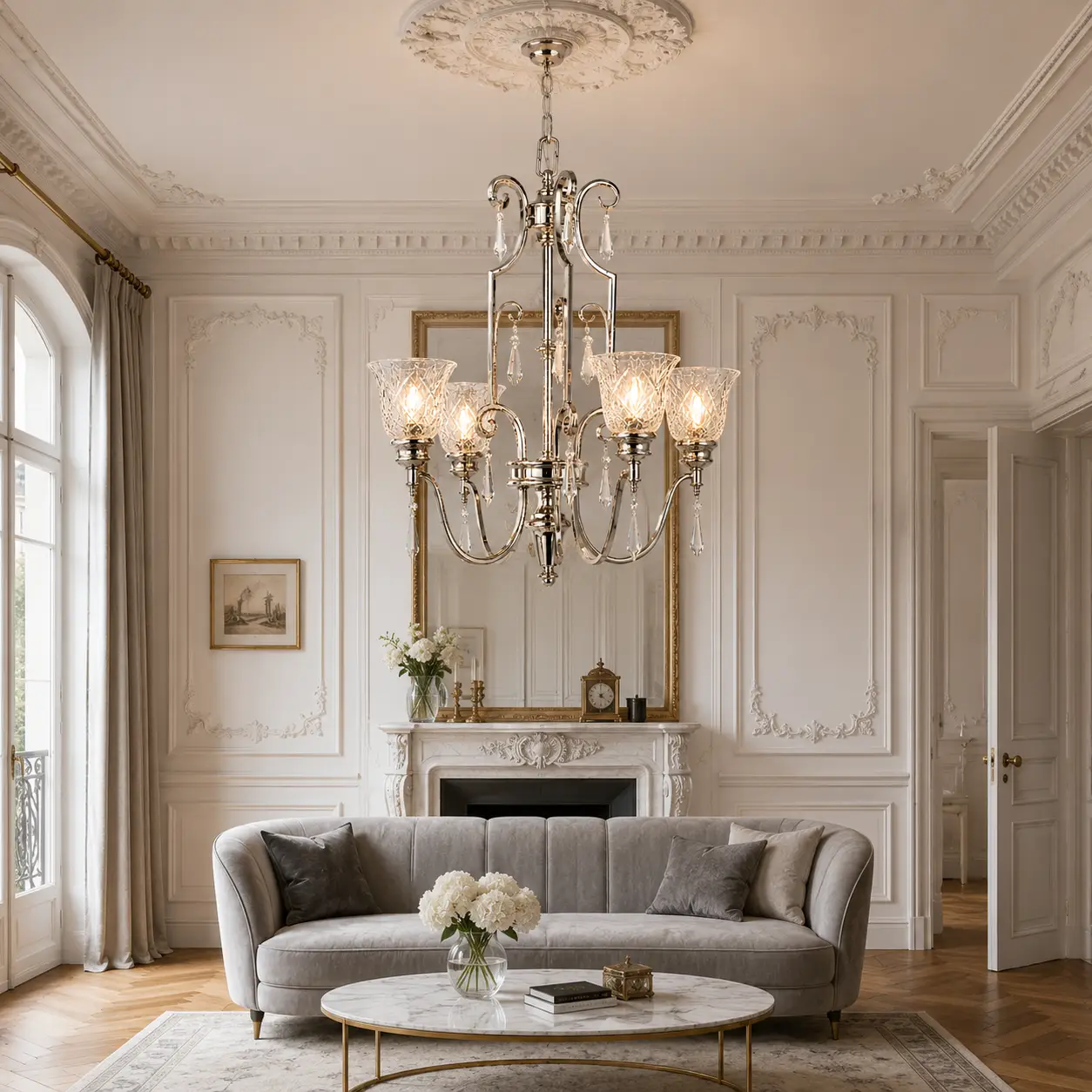 3D Render Suggestion: A classic Parisian style salon with elegant white wall paneling, herringbone oak floors, and a light grey velvet sofa. The 5-Light Polished Nickel Chandelier is suspended from a detailed ceiling medallion. The 3D render illustrates how the warm-silver nickel finish dialogues beautifully with the white plaster moldings, while the sparkling K9 crystal strings bounce glittering light across the historical room, bridging classic architecture with modern metalwork.
