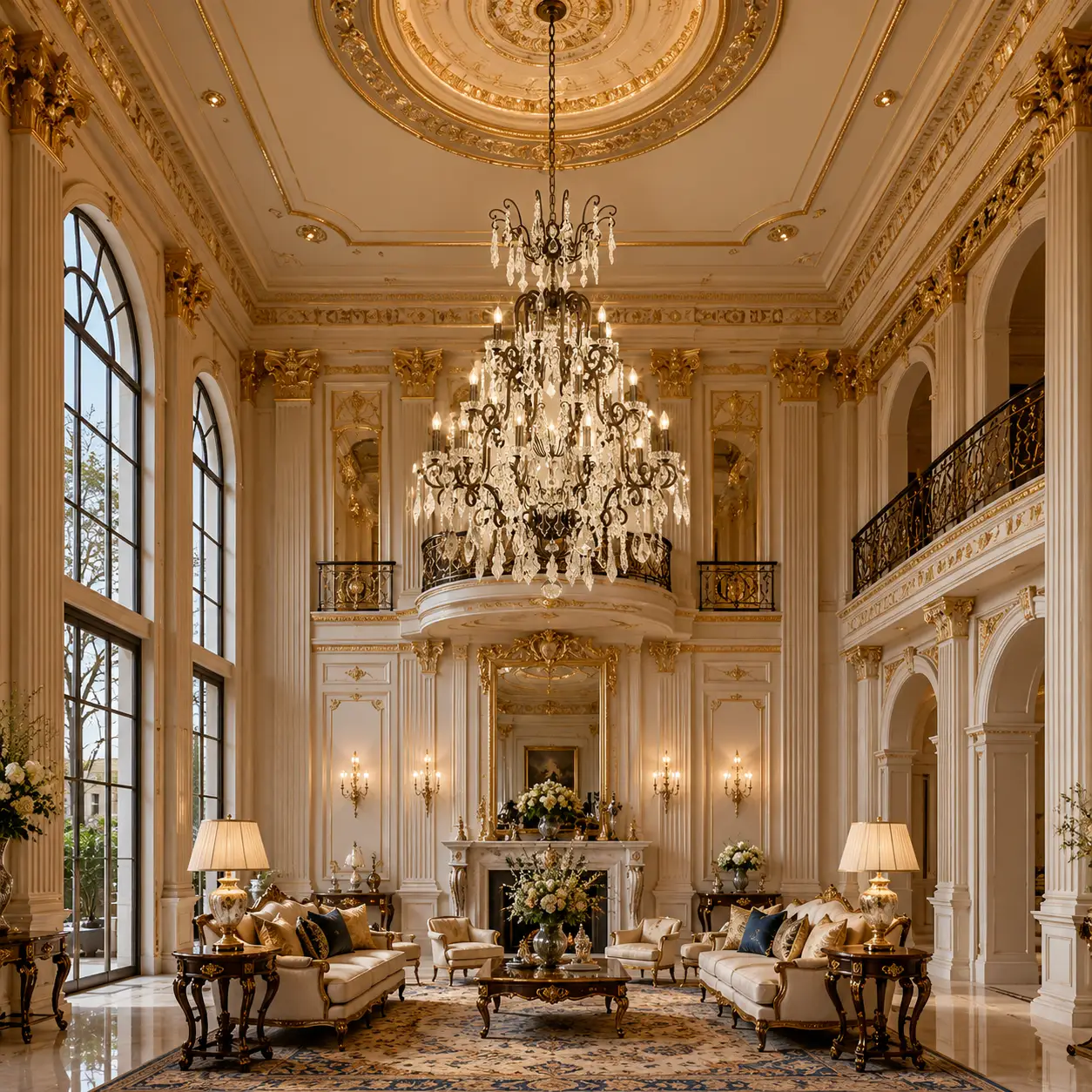 3D Render Suggestion: A breathtaking double-height Grand Chateau ballroom or estate living salon with 6.5-meter ceilings, featuring classical plaster wainscoting, gilded gold accents, and expansive arched windows. The Regal Cascade 24-Light Chandelier hangs majestically from the central ceiling medallion. The 3D render perfectly demonstrates how the multi-tiered light layers fill the immense vertical void, creating an awe-inspiring crystalline waterfall effect that gracefully links the floor architecture with the high ceiling.