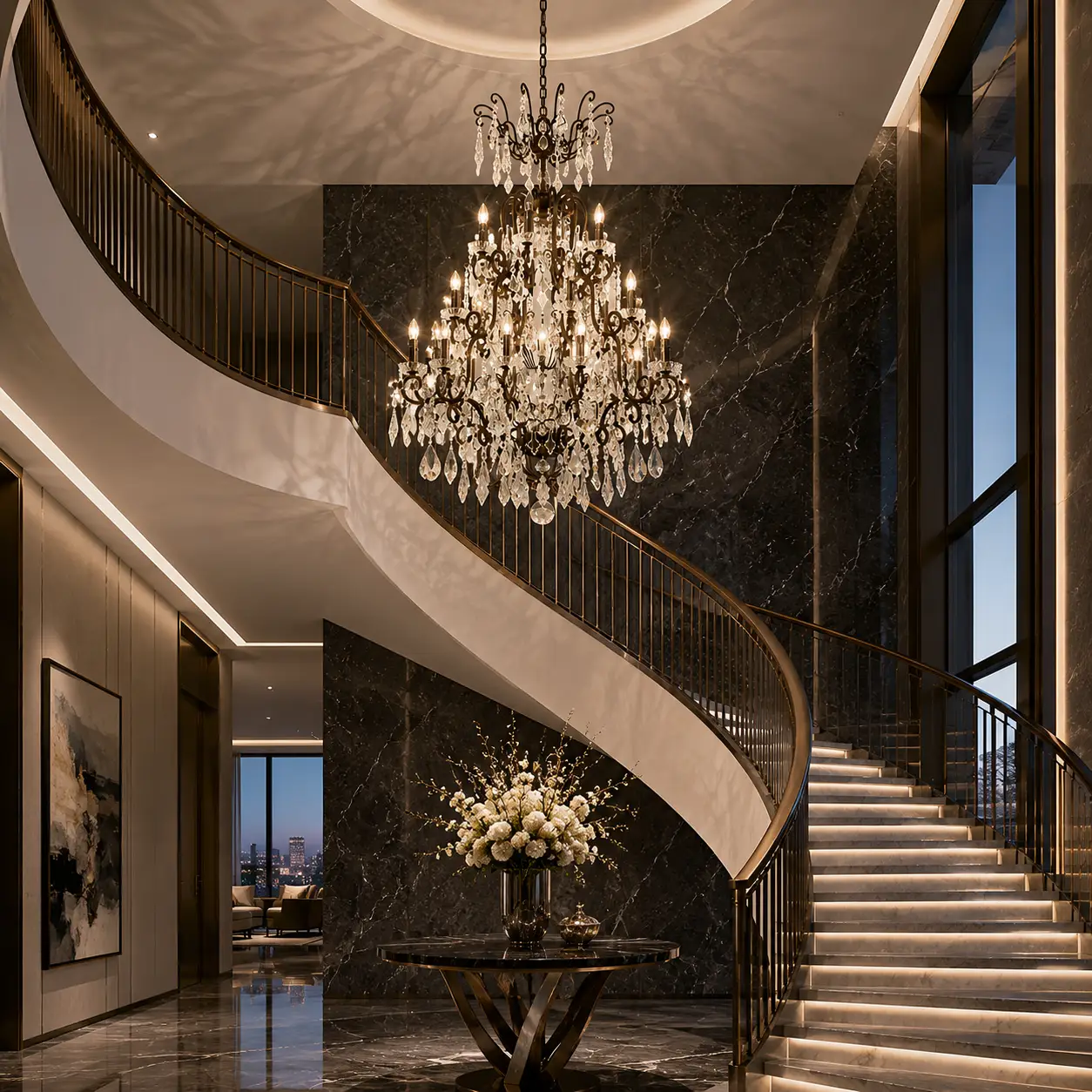 3D Render Suggestion: A luxury modern penthouse foyer featuring a sweeping architectural staircase, dark charcoal bookmatched marble walls, and minimalist bronze railings. The 24-Light chandelier hangs inside the stairwell opening. The render shows the brilliant, high-contrast light patterns thrown by the clear acrylic column and premium K9 crystal drops, adding immense texture to the clean contemporary background.