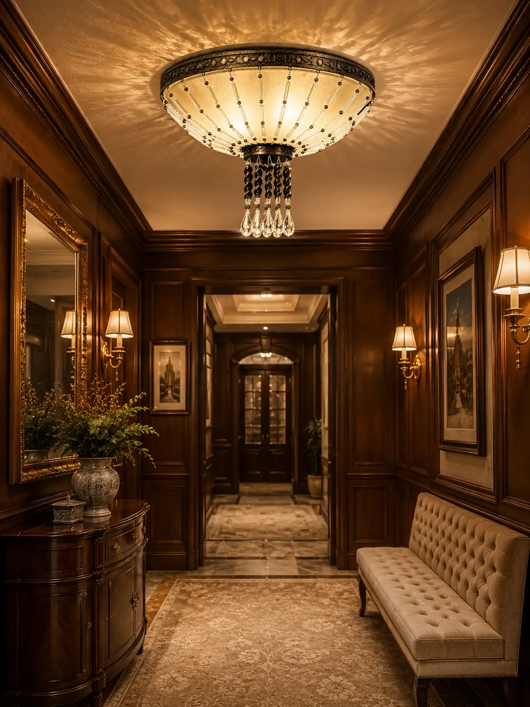 Regalia-Glow-3-Light-Antique-Brass-Flush-Mount-with-Crystals-Seedy-Glass-classical-hallway Regalia-Glow-3-Light-Antique-Brass-Flush-Mount-with-Crystals-Seedy-Glass-classical-hallway