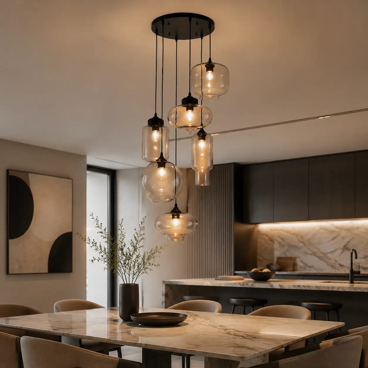 Sculpted Serenity Multi-Shape Glass Chandelier over Marble Dining Table in Modern Luxury Interior