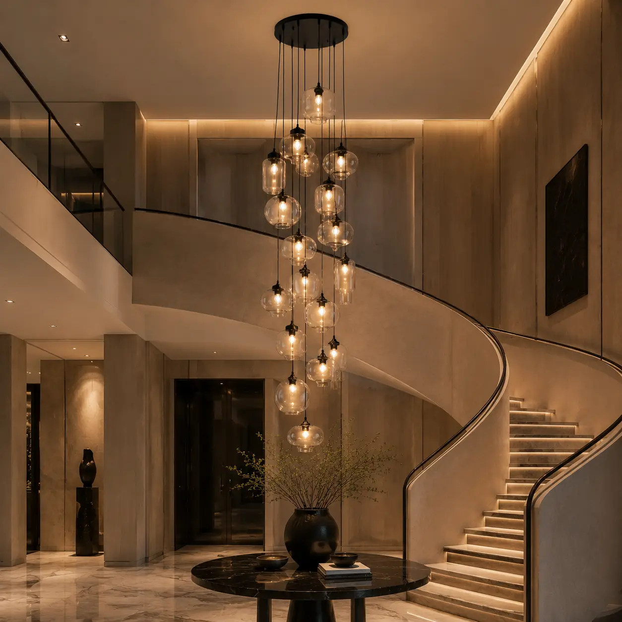 Multi-Light Cascade Glass Chandelier in High-Ceiling Hotel Atrium or Villa Stairwell