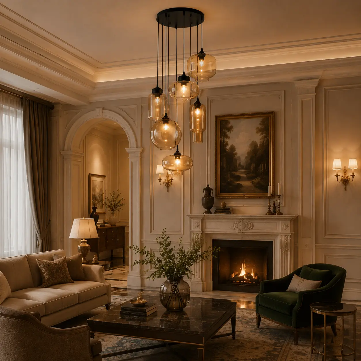 Amber Tinted Multi-Shape Glass Pendant in Warm Neoclassical Living Salon