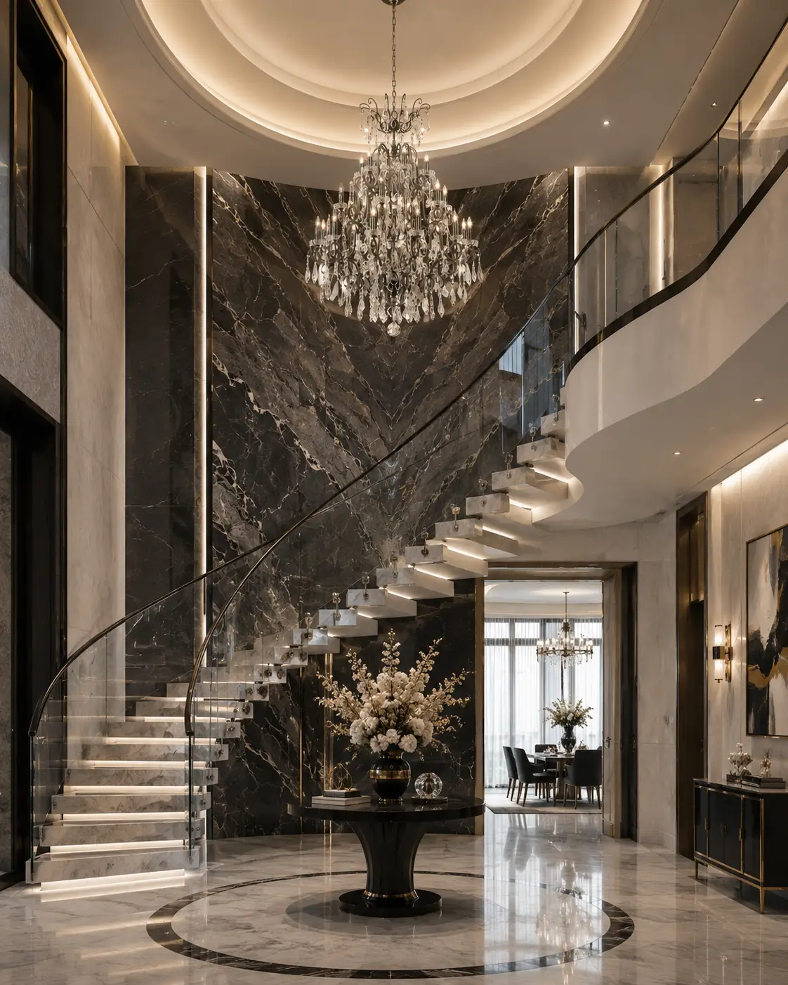 3D Render Suggestion: A high-end modern luxury transitional entryway featuring a grand sweeping floating staircase, dark bookmatched marble accent wall, and polished stone finishes. The 24-Light chandelier hangs inside the stairwell opening. The render shows the brilliant, icy reflections thrown by the clear acrylic column and premium K9 crystal drops, adding immense texture to the clean contemporary background.