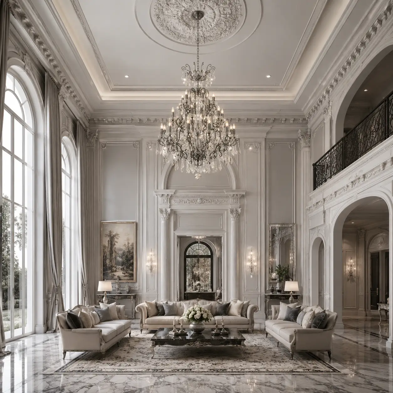 3D Render Suggestion: A magnificent Neoclassical estate living salon with 6.5-meter double-height ceilings, featuring cool-toned marble flooring, refined silver-leaf wall trim moldings, and tailored dove gray wall paneling. The Silvered Regency 24-Light Grand Tiered Chandelier is suspended from an elegant plaster ceiling medallion. The 3D render clearly shows how the cool silver framework and cascading K9 crystals perfectly capture the symmetrical order of Neoclassical layout while filling the immense vertical ceiling void seamlessly.