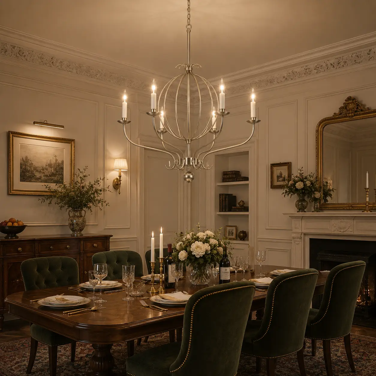 3D Architectural Render of Silvermere 6-Light Satin Nickel Candle Chandelier suspended over an elegant dark wood dining table in a French Light Luxury room with detailed white wall panel moldings