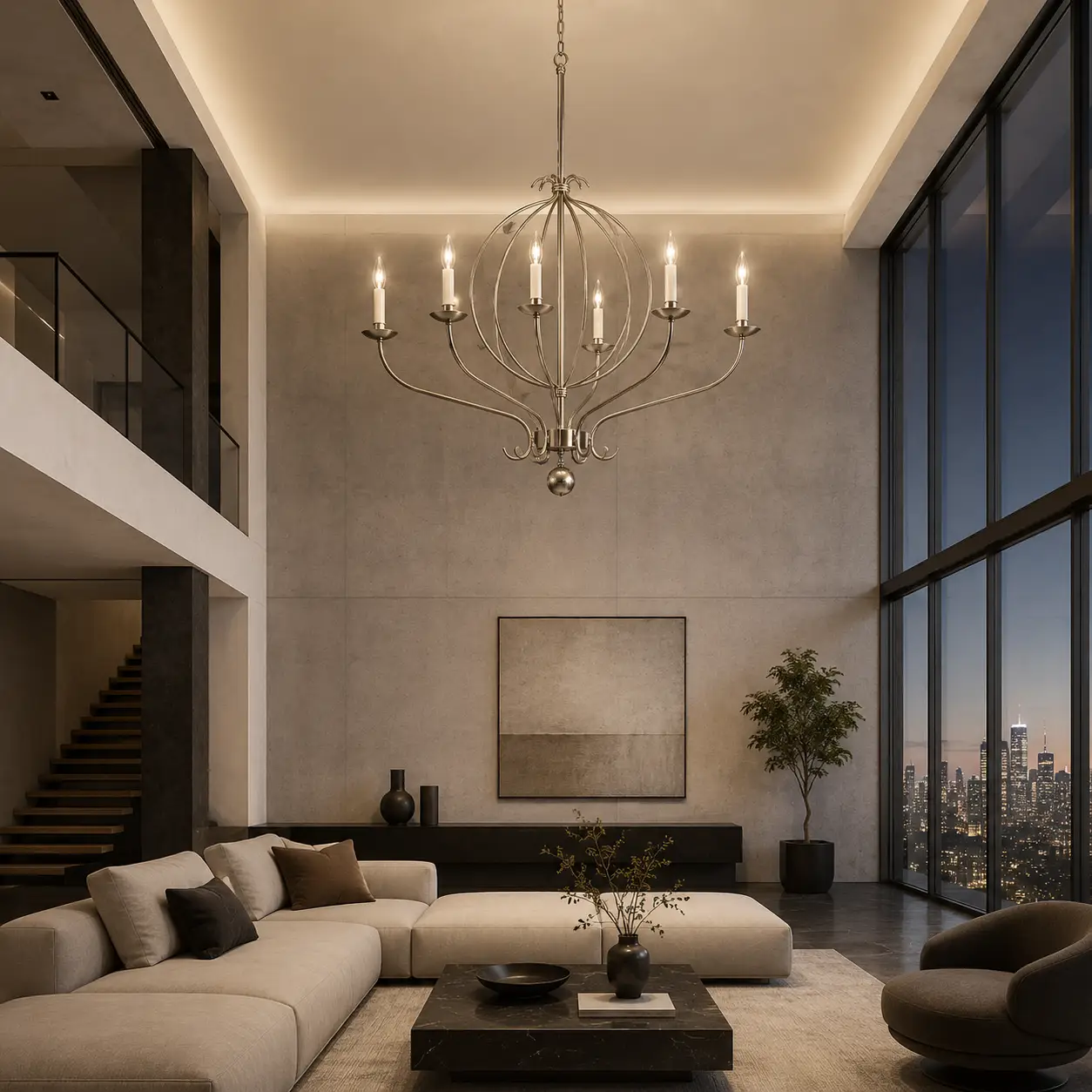 3D Space Concept showcasing the Silvermere Open Frame Candle Chandelier in Custom Satin Nickel finish hanging in a high-ceiling Modern Luxury Living Room with minimalist grey micro-cement walls and cold steel framing