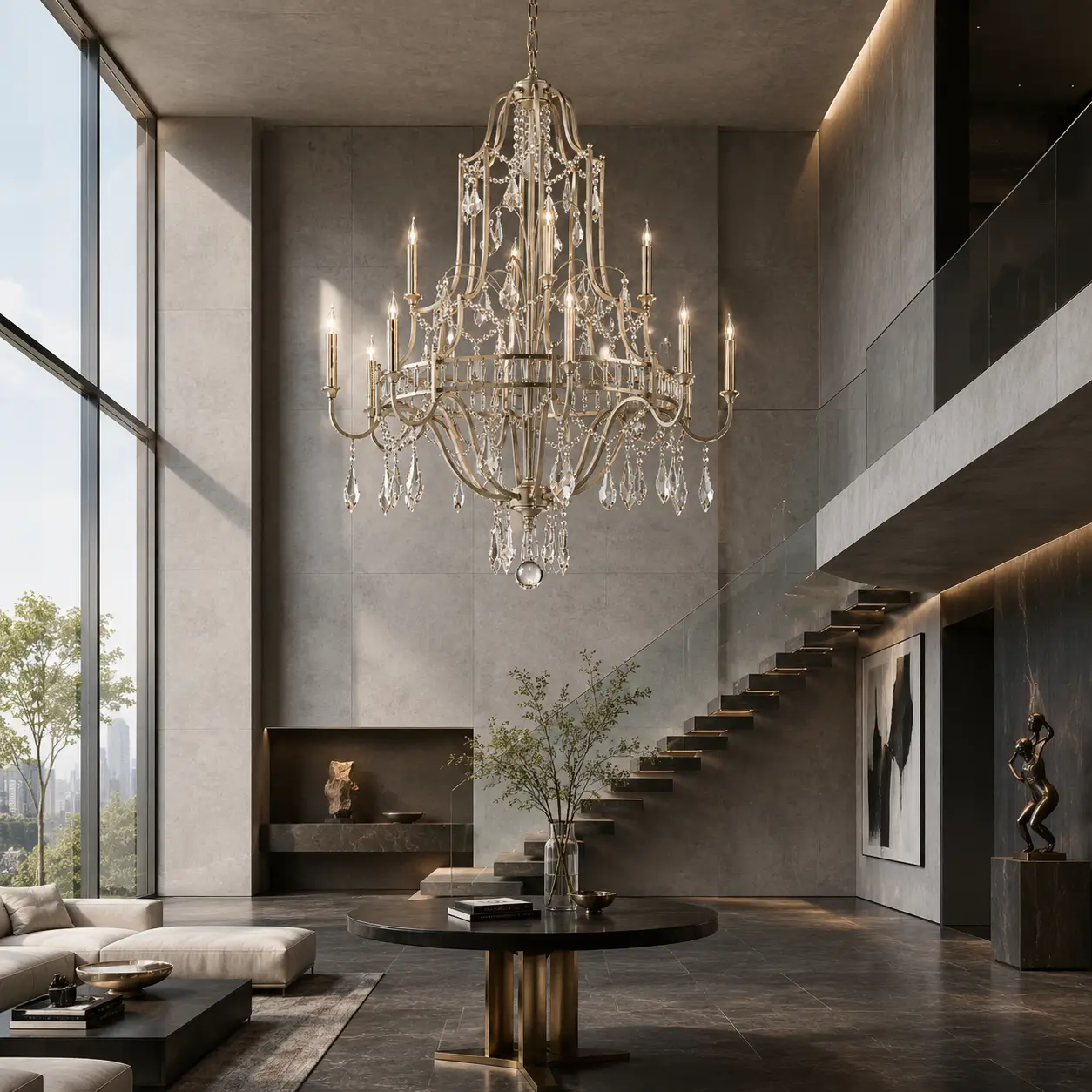 3D Architectural Render of the Symphony Cascade Grand Chandelier installed in a high-ceiling minimalist penthouse living room with dark gray slate feature walls and floor-to-ceiling glass