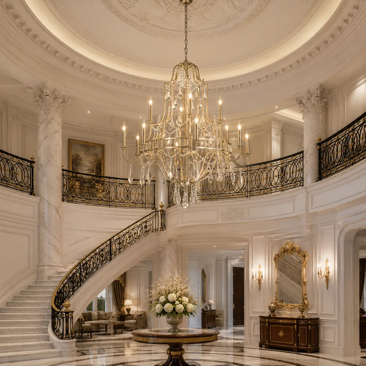 3D Space Concept showcasing the Symphony Cascade 12-Light Grand Crystal Chandelier hanging over a sweeping double staircase in a Neoclassical grand foyer with white marble walls and intricate gold leaf ceiling medallions