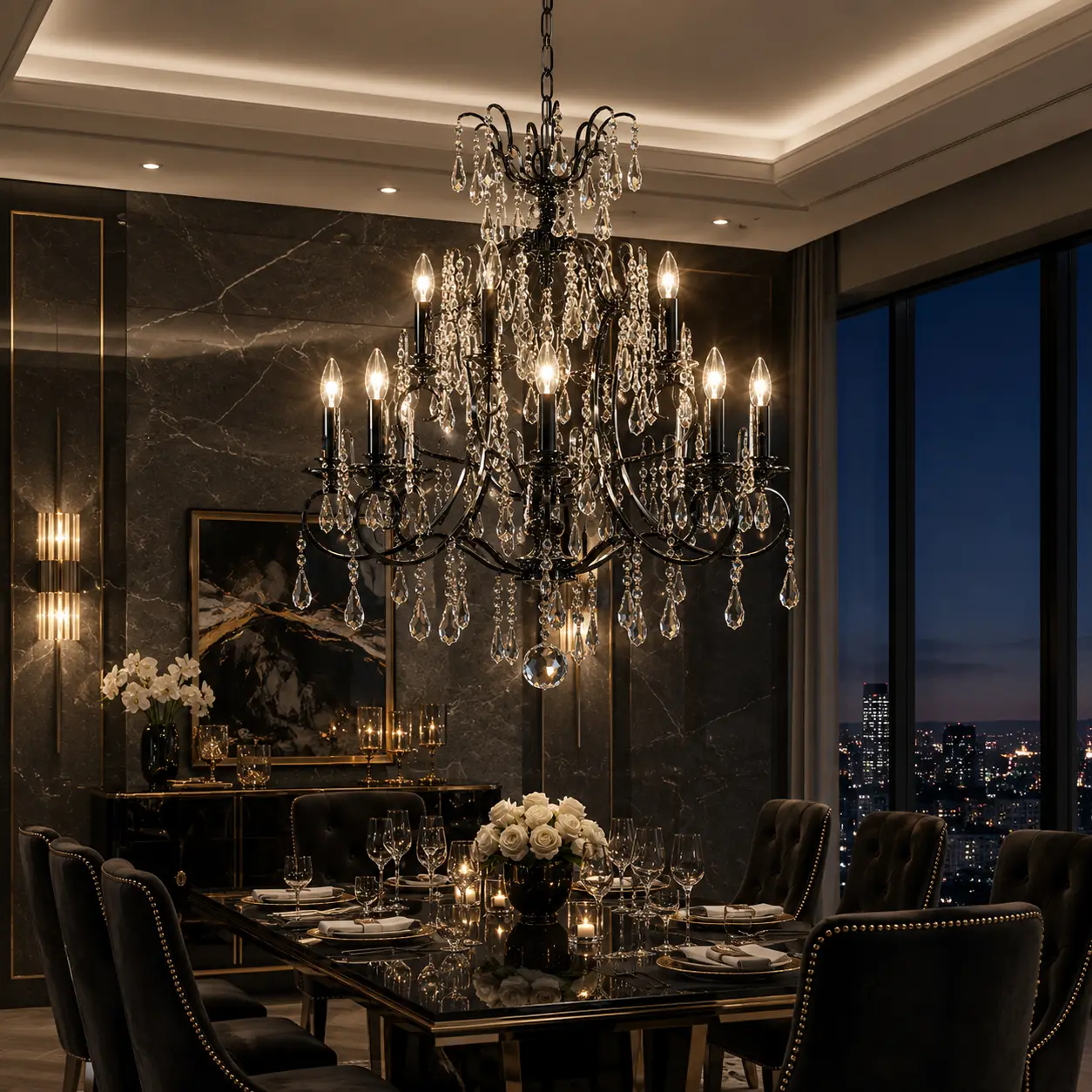 3D Render Suggestion: A sleek Modern Luxury dining penthouse room with charcoal gray marble wall claddings, a glossy black lacquer dining table, and dark velvet high-back chairs. The Symphony Grand Chandelier is suspended above, finished in an ultra-sleek Matte Black chassis. The 3D render highlights the striking contrast between the dark frame and the glowing K9 crystal swags, demonstrating high-end visual luxury.