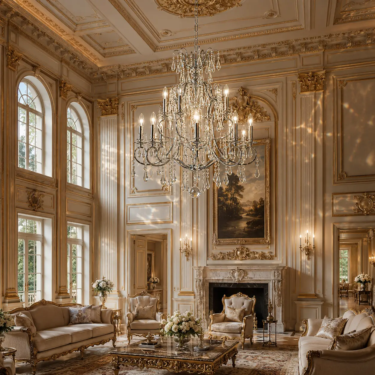 3D Render Suggestion: A magnificent Neoclassical estate salon featuring double-height coffered ceilings, ornate cream plaster boiserie panels with gold leaf trim, and arched palladium windows. Suspended as the centerpiece is The Symphony Grand Chandelier in a Polished Nickel finish. The 3D render captures the rich reflection of light balancing the grand architectural scale, casting crisp, dancing crystal prisms across the classical wall moldings.