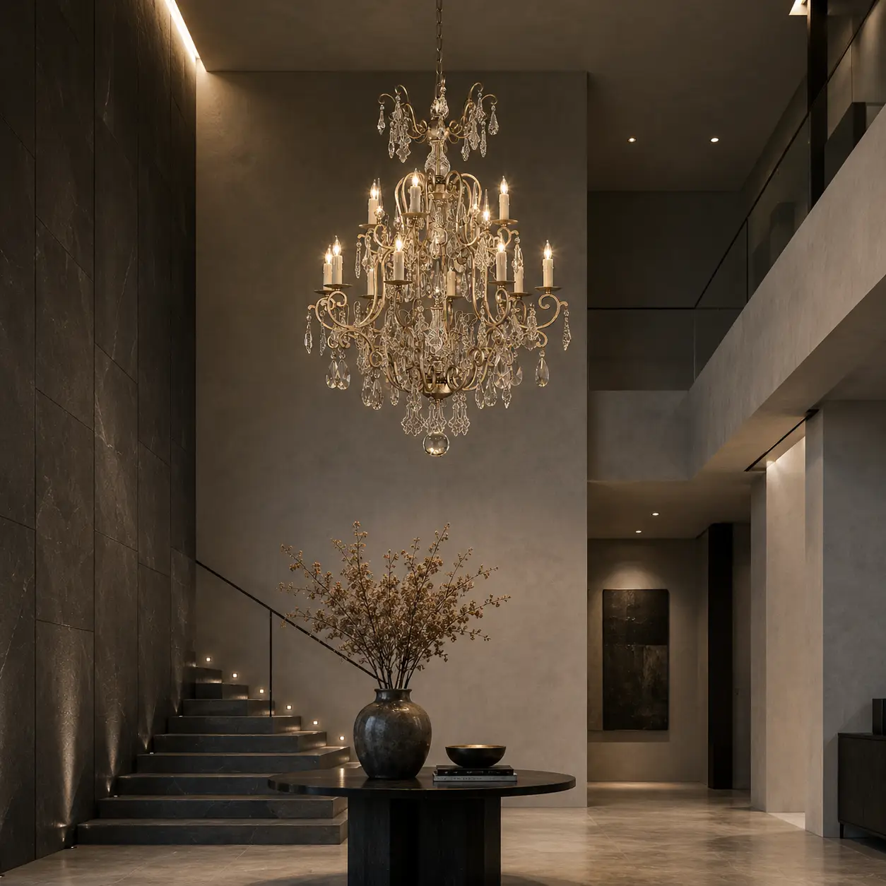 3D Architectural Render of The Grand Palais Chandelier hanging in a minimalist high-ceiling entryway foyer with matte charcoal micro-cement walls