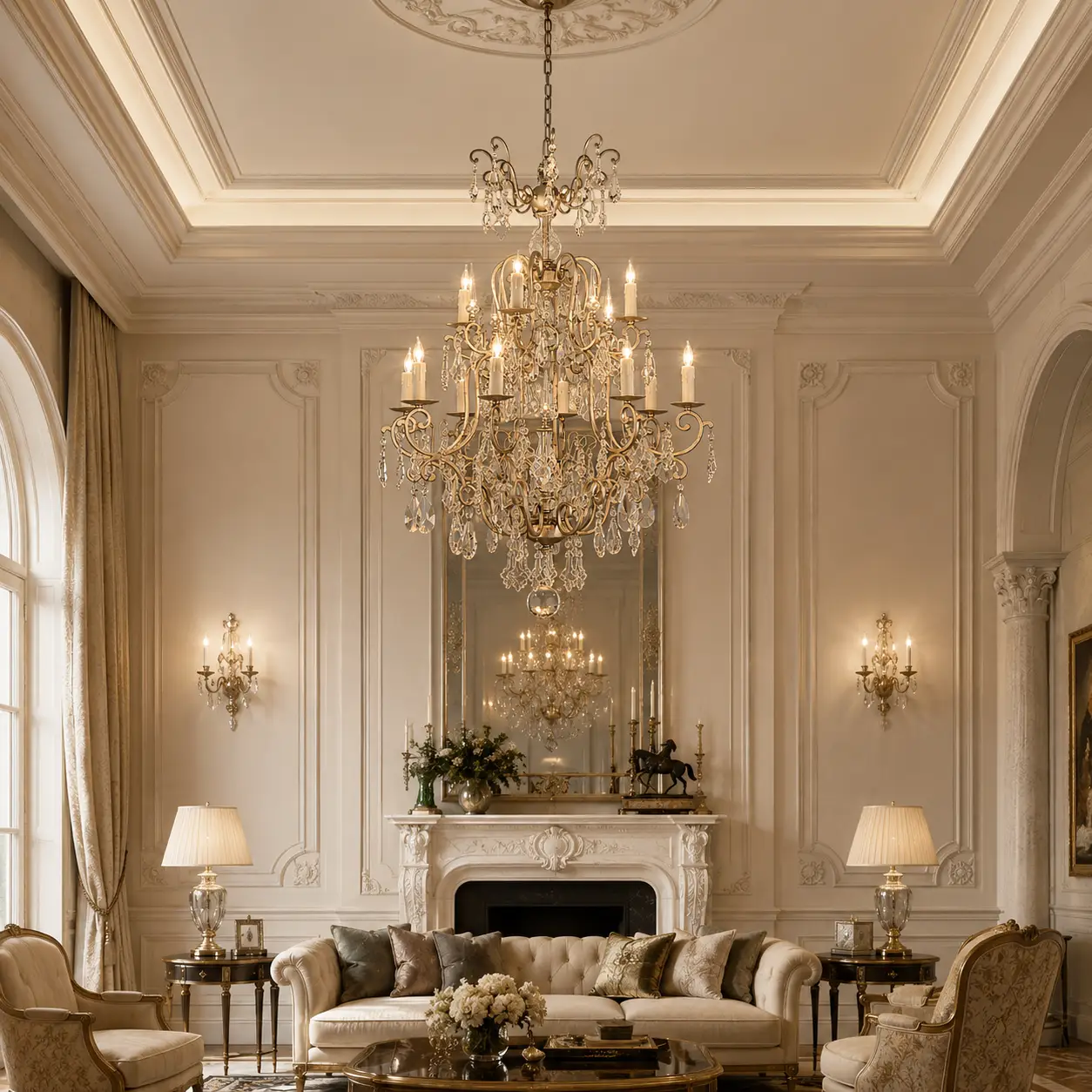 3D Space Concept showcasing The Grand Palais 2-Tier Crystal Chandelier hanging in an elegant French Light Luxury dining room with refined plaster wall moldings and a grand marble table