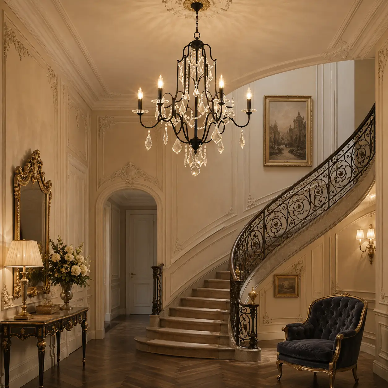 3D Architectural Render of The Regal Cascade Chandelier installed over a plush velvet seating area in a French Light Luxury salon featuring intricate white plaster wall panels