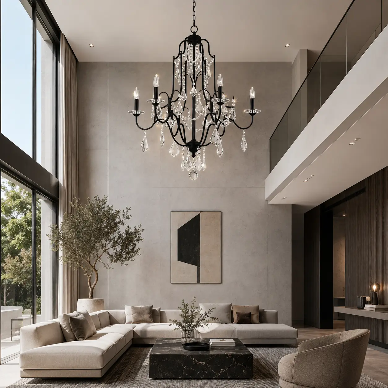 3D Space Concept showcasing The Regal Cascade Crystal Chandelier hanging in a high-ceiling Modern Luxury penthouse apartment with floor-to-ceiling windows and minimalist sleek grey marble finishes