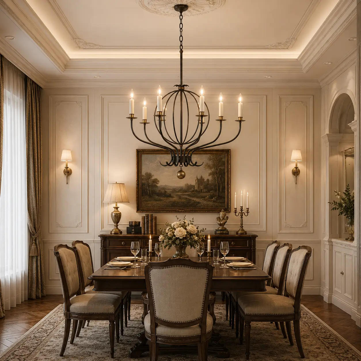 3D Architectural Render of Valmere Matte Black and Antique Brass Chandelier suspended over an elegant dark wood dining table in a French Light Luxury room with detailed white wall panel moldings