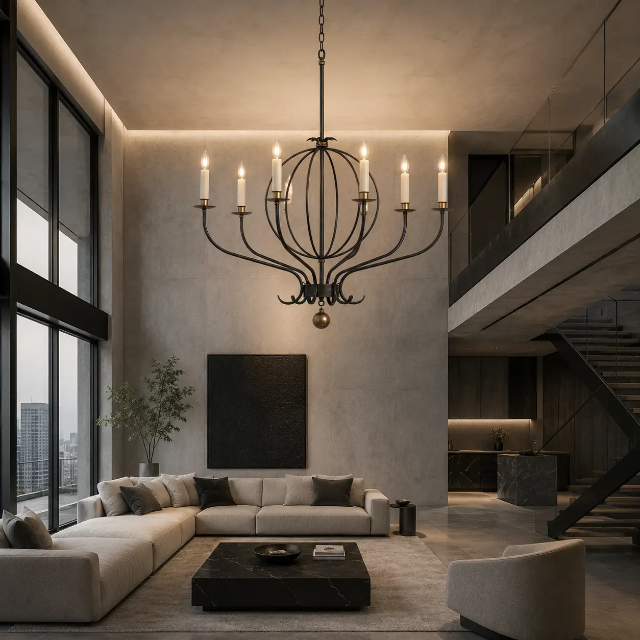 3D Space Concept showcasing the Valmere 6-Light Pendant Chandelier in Custom Matte Black and Antique Brass finish hanging in a high-ceiling Modern Luxury Living Room with minimalist grey micro-cement walls and cold steel framing