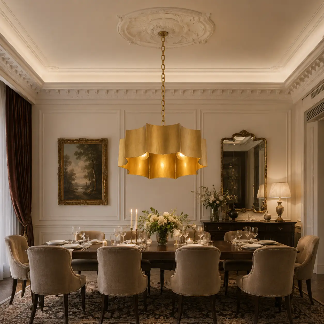 3D Architectural Render of Valmira Scalloped Drum Classic Gold Patina Chandelier suspended over an elegant dark wood dining table in a French Light Luxury room with detailed white wall panel moldings