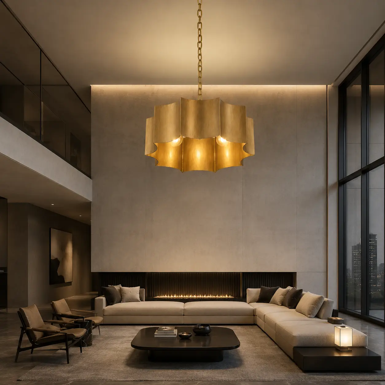 3D Space Concept showcasing the Valmira Scalloped Drum Pendant Light in Custom Classic Gold Patina finish hanging in a high-ceiling Modern Luxury Living Room with minimalist grey micro-cement walls and cold steel framing
