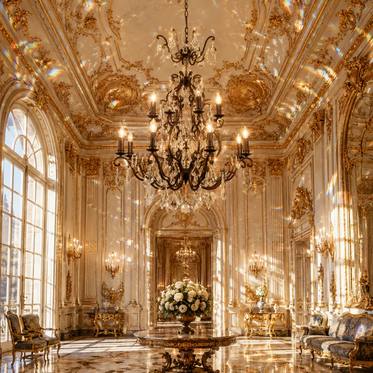 3D Render Suggestion: A magnificent French Rococo reception hall featuring grand double-height ceilings, historical white and gold boiserie wall carvings, tall arched windows, and polished marble floors. Hanging as the undeniable monarch of the space is the Versailles Grand Two-Tier Chandelier. The 3D render masterfully illustrates the ambient light filtering through the K9 crystal arrays and the ultra-clear center acrylic balusters, reflecting off the resin-molded antique relief holders and throwing classical prismatic fractured rainbow patterns across the ornate gold-leaf ceilings.