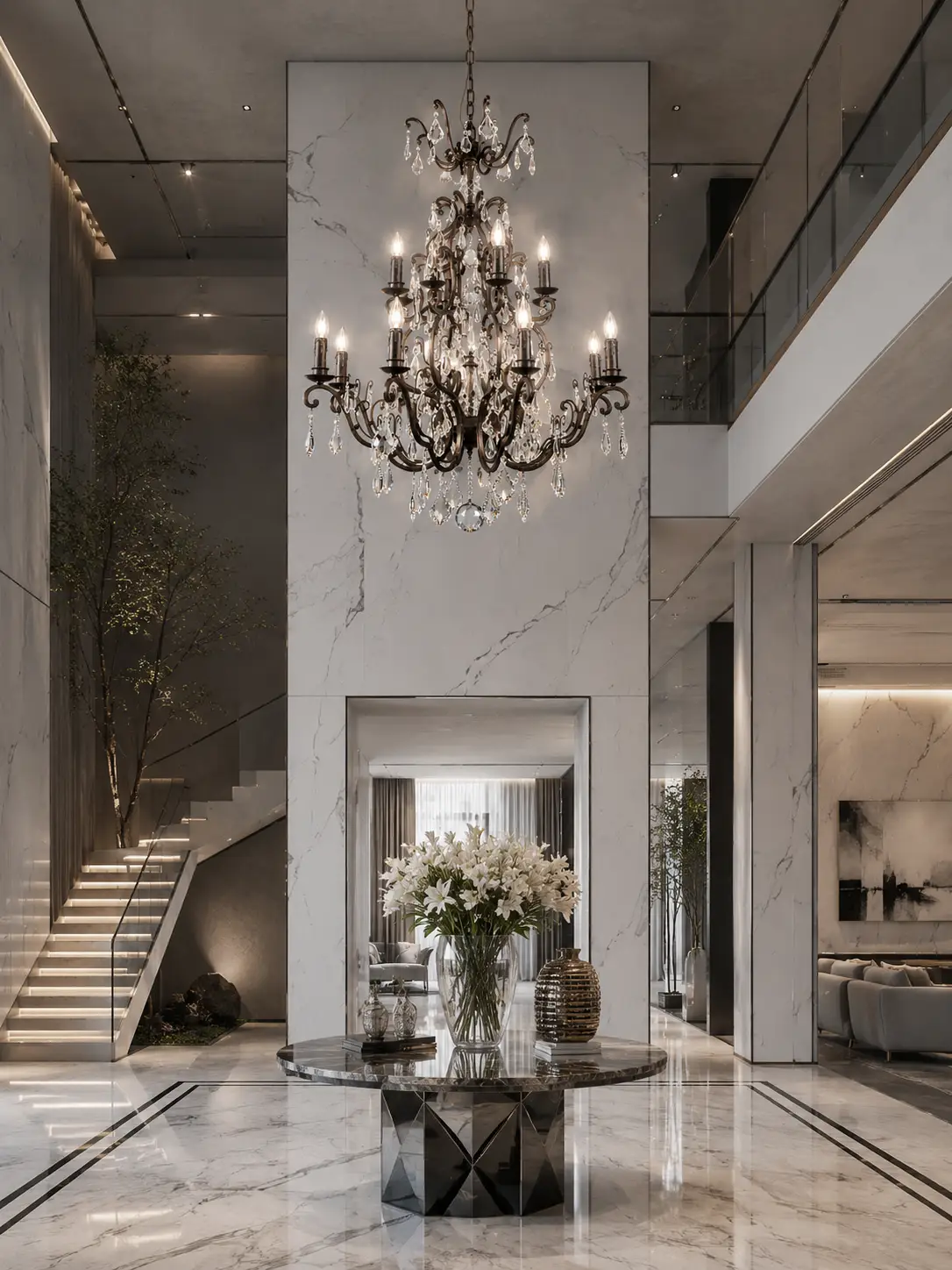 3D Render Suggestion: A towering modern luxury villa atrium featuring seamless white Calacatta marble walls with bold grey veining, minimalist glass panel railings, and smooth concrete ceilings. Suspended from a reinforced steel canopy is the Versailles Two-Tier Crystal Chandelier. The 3D render emphasizes the dramatic style clash: the intricate, shimmering tiered crystals and clear acrylic center column stand out beautifully against the cold, clean minimalist architecture.