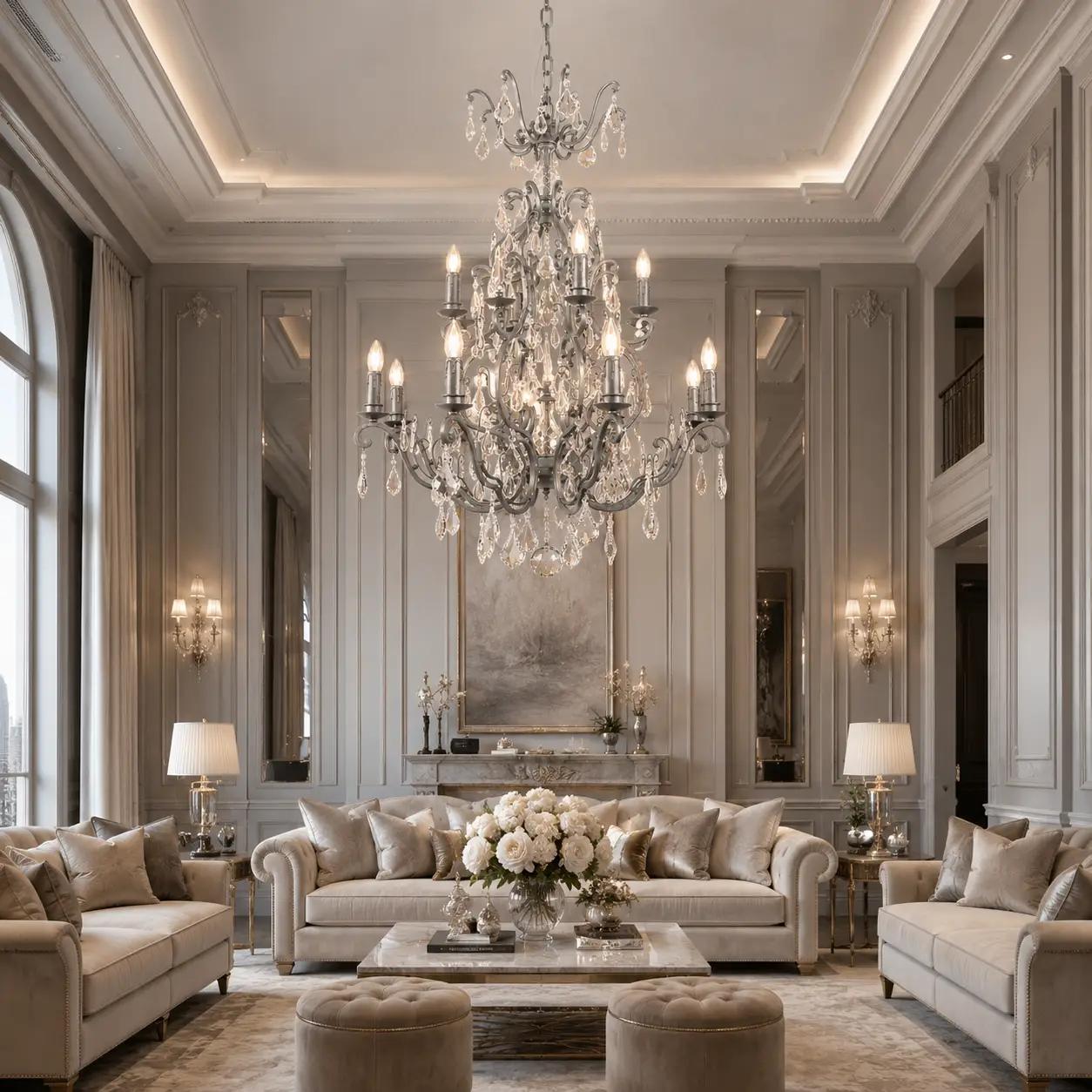 3D Render Suggestion: An elegant neoclassical penthouse living room with tall symmetrical wall paneling in light dove grey, featuring plush neutral velvet seating arrangements and cream silk drapery. Suspended above the lounge area is the Versailles Two-Tier Chandelier in a refined brushed silver finish. The 3D render accentuates how the double-tier structure comfortably anchors the high ceiling space without overwhelming the soft, sophisticated color scheme of the room.