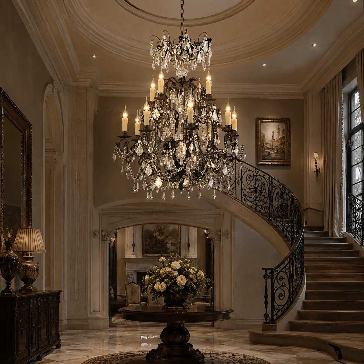 3D Render Suggestion: A double-height grand estate living room with exposed rustic wooden ceiling beams, a massive natural stone fireplace, and rich tufted leather chesterfield sofas. The 12-Light 2-Tier Antiqued Bronze Chandelier is suspended centrally, showcasing how the warm antiqued metal finish brings out the natural wood grains and heavy textures preferred in luxury American Vintage or classical country estates.